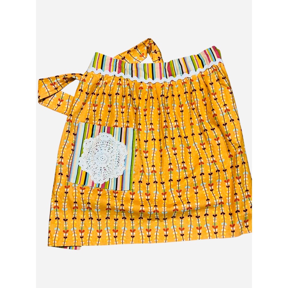 Handmade Vintage Style Half Apron Yellow Floral Stripe Crochet Pocket One‎ Size